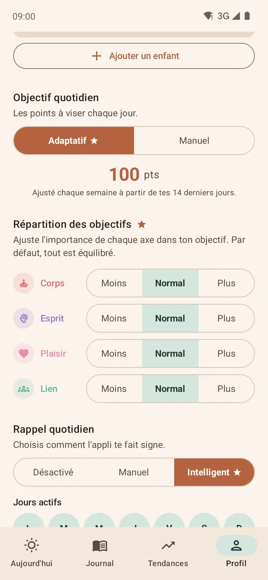 Réglages : objectif adaptatif et répartition par axe