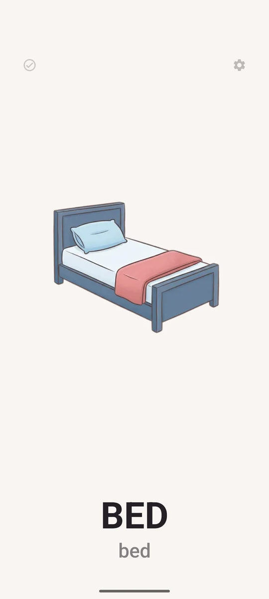 A picture-book card: the picture and the word “bed”